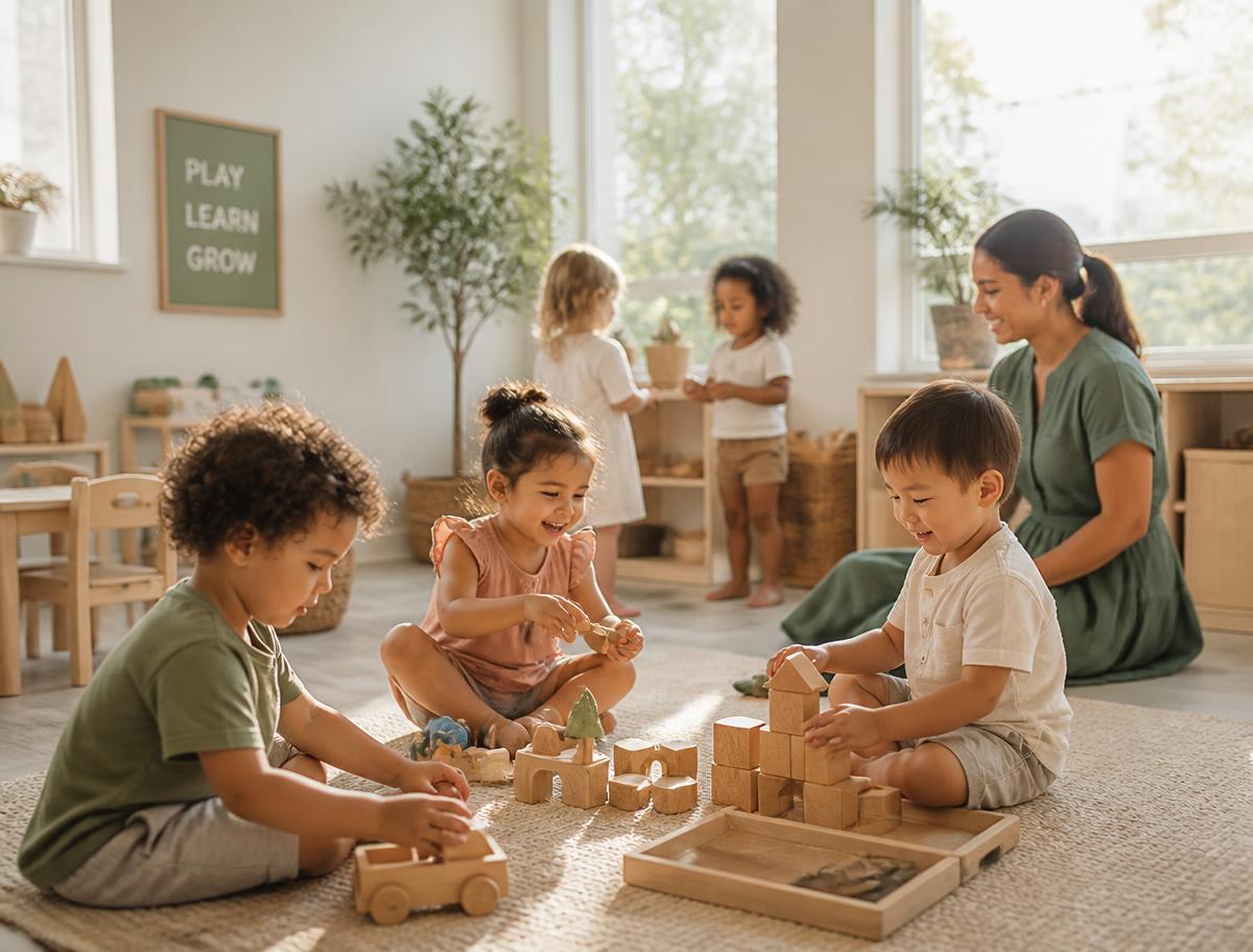 Children playing together in a bright childcare classroom