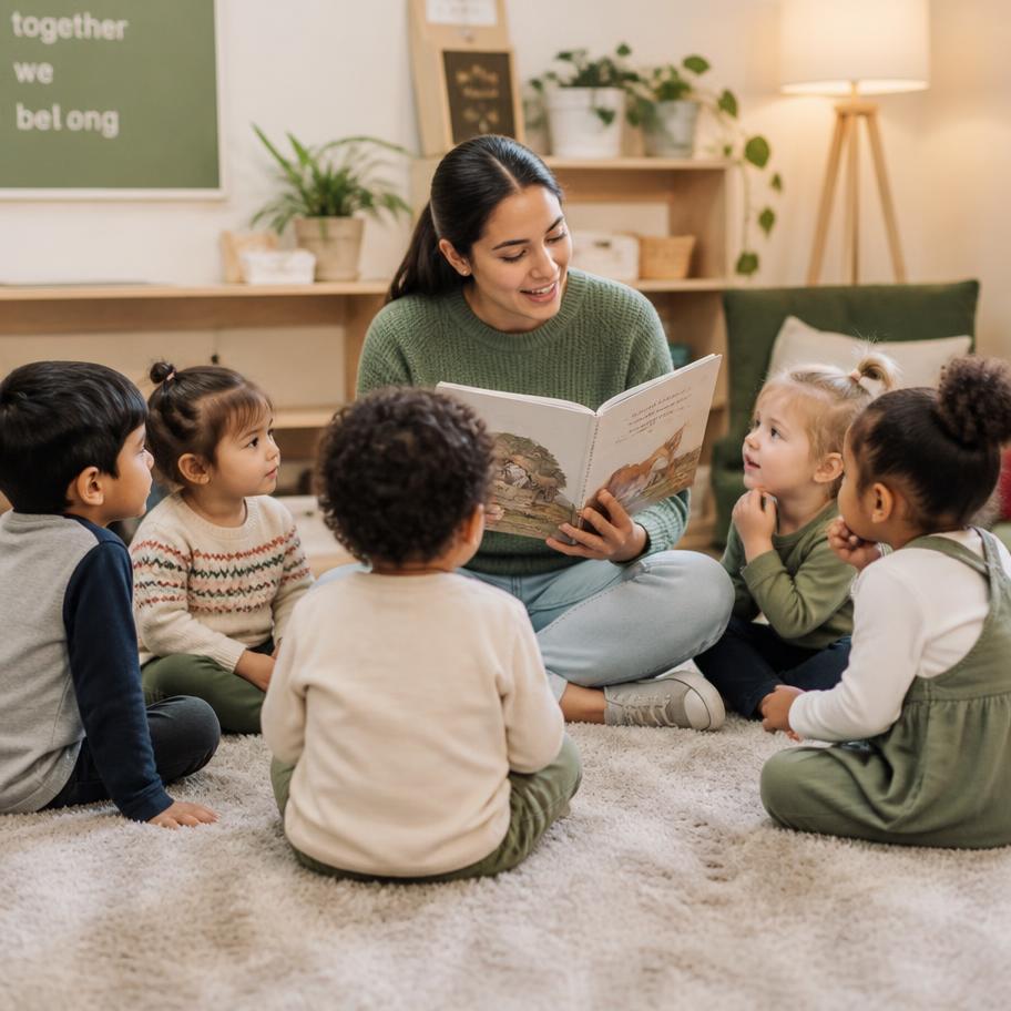 A teacher reading a story to engaged young children