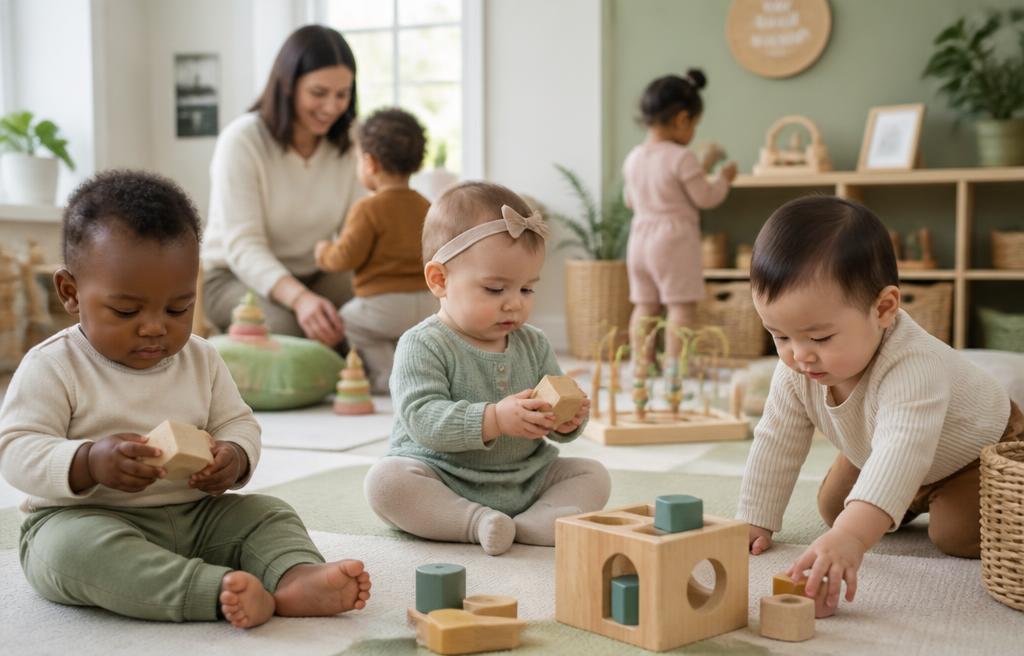 Infants and toddlers exploring toys in a safe childcare room